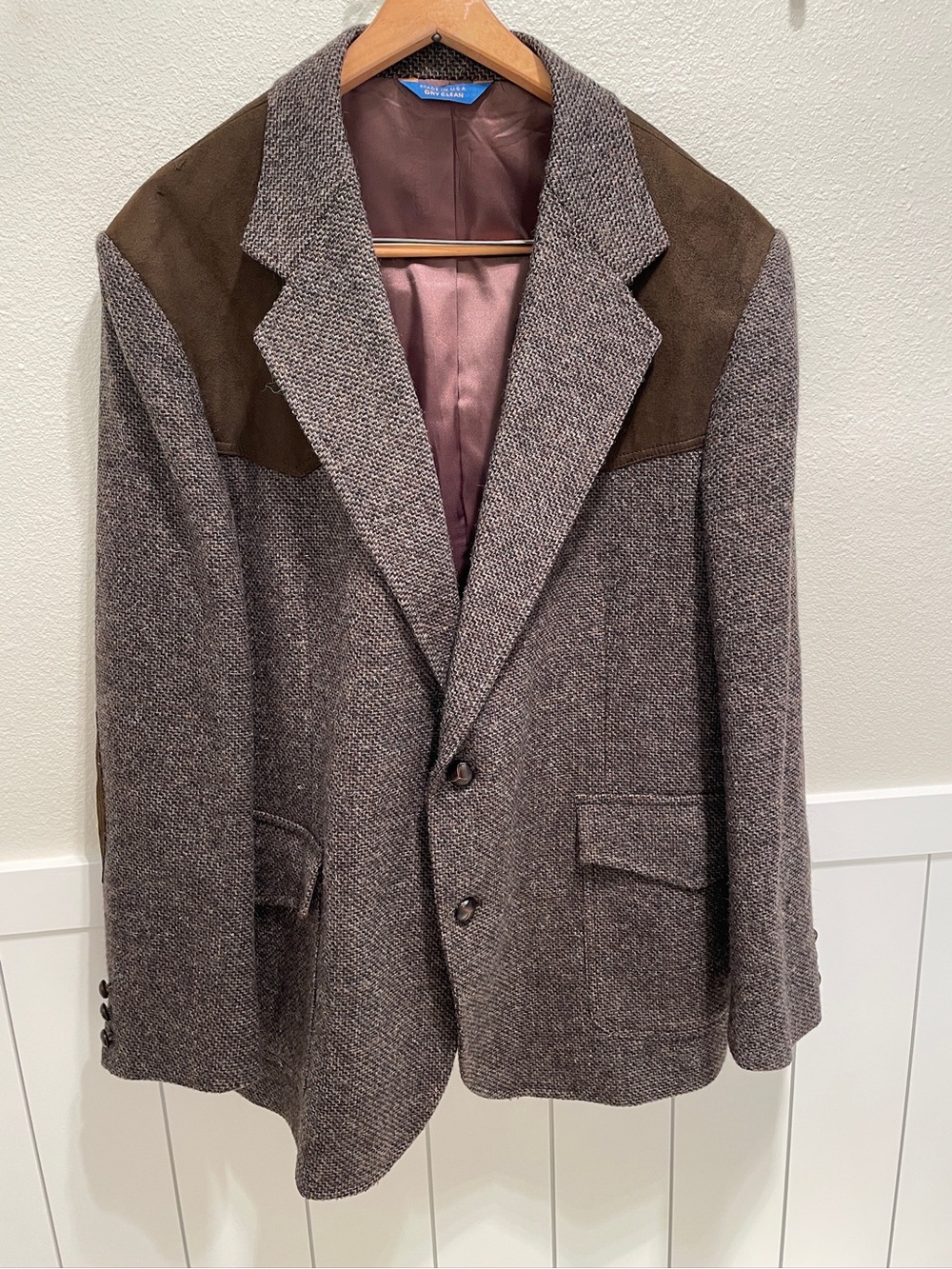Pendleton Grey Brown Herringbone Tweed Blazer with Dark Brown Suede Shoulders